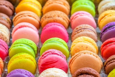 macaroons in bakery window