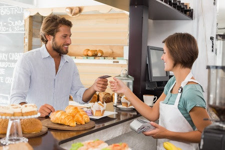happy customer at bakery