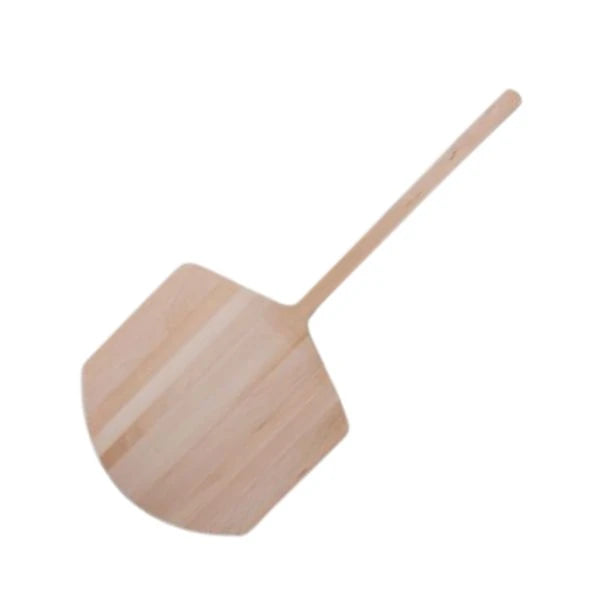 A natural wood pizza peel with a long handle and a paddle-shaped head, shown on a plain white background.