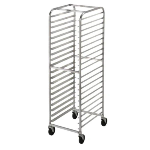 A stainless steel bakery rack with multiple horizontal slots for pans and black caster wheels, shown on a plain white background.
