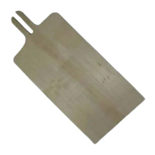 A light-colored wooden oven peel with a double-prong handle, shown diagonally on a plain white background.
