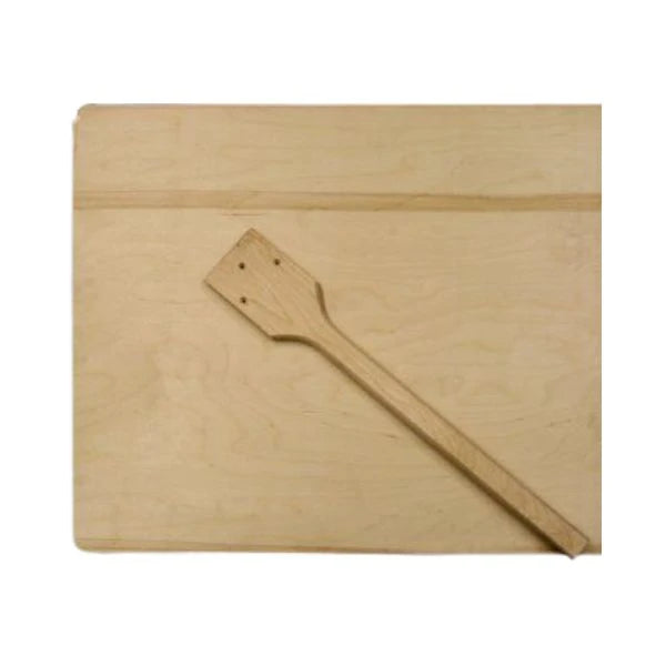 A light natural wood bagel peel with a detachable wooden handle resting diagonally across it, set against a plain white background.