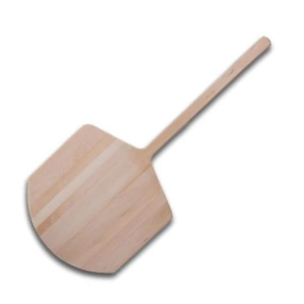 A natural wood pizza peel with a long handle and a rounded paddle head, shown on a plain white background.