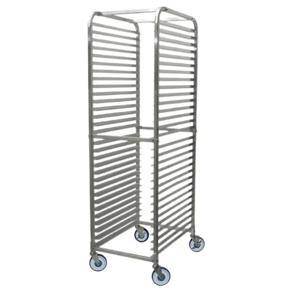 A stainless steel bakery rack with multiple horizontal slats for pans and four caster wheels, shown on a plain white background.