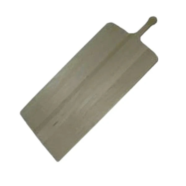 A rectangular wooden oven peel with a rounded handle, shown diagonally on a plain white background.