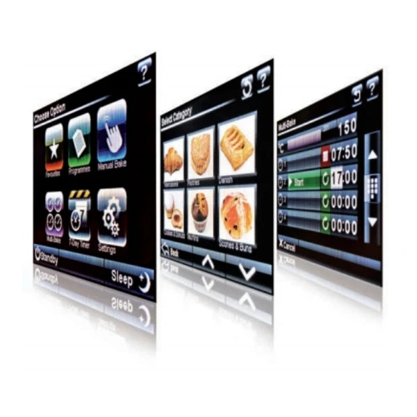 Three angled views of a digital touchscreen control panel display, showing user interface screens for settings, food options, and timers on a white reflective background.