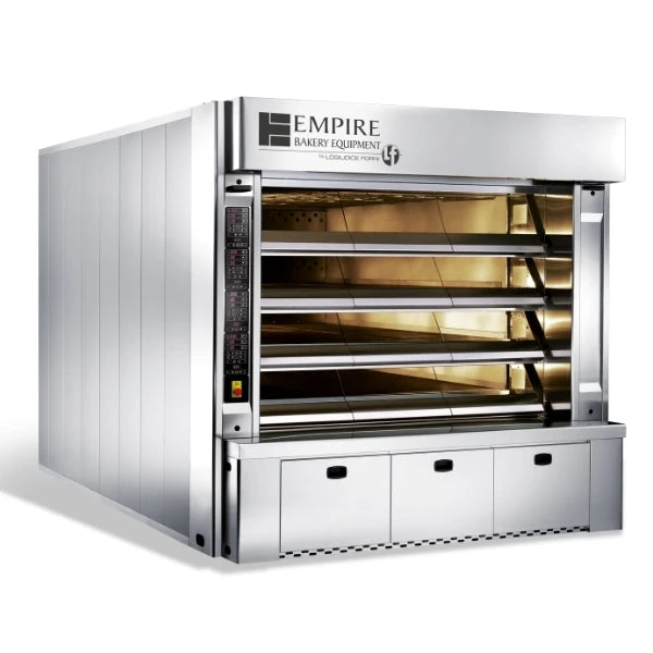 A commercial bakery deck oven from Empire Bakery Equipment, featuring a stainless steel exterior, glass viewing windows showing the racks, and a digital control panel on the side.