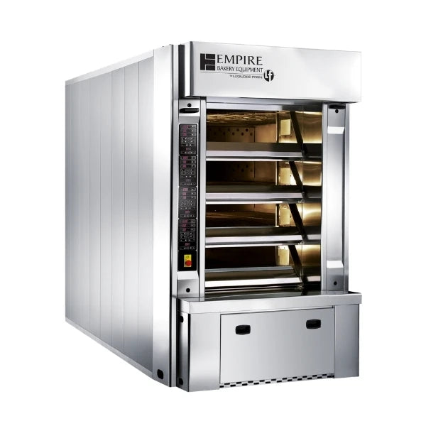 A commercial electric deck oven by Empire Bakery Equipment, featuring a stainless steel exterior, a digital control panel on the left, and four visible baking trays inside, set against a plain white background.
