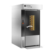 An Empire Bakery Equipment compact single rack oven in stainless steel, featuring a glass door with a handle, a digital control panel, and a visible gold-colored heating element inside.