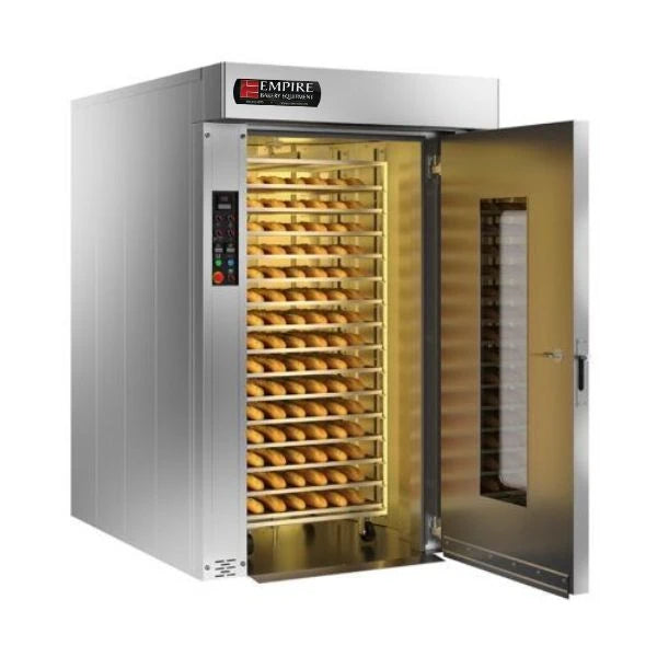 An Empire commercial compact double rack oven with a stainless steel exterior, open door, and interior racks filled with bread, shown on a white background.