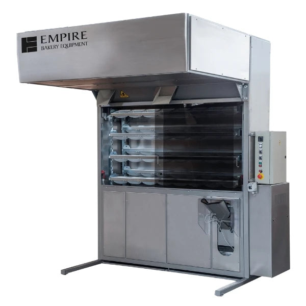 A wholesale intermediate dough proofer from Empire Bakery Equipment, featuring a stainless steel exterior, glass viewing window, and side control panel on a white background.