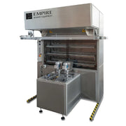 A wholesale dough proofing machine branded 'EMPIRE BAKERY EQUIPMENT' in black text on a large stainless steel housing. The unit has a transparent upper door showing internal racks, a lower control cabinet with a transparent top, and yellow-and-black striped safety markers near the base, all photographed on a plain white background.