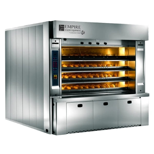 An Empire Bakery Equipment commercial deck oven with multiple decks of baked bread inside, shown on a plain white background.