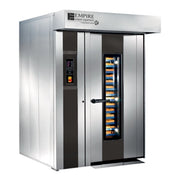 An Empire Baker Equipment commercial single rack oven with a stainless steel exterior, digital control panel, and glass door showing multiple racks of bread.