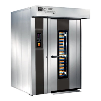 An Empire Baker Equipment commercial single rack oven with a stainless steel exterior, digital control panel, and glass door showing multiple racks of bread.