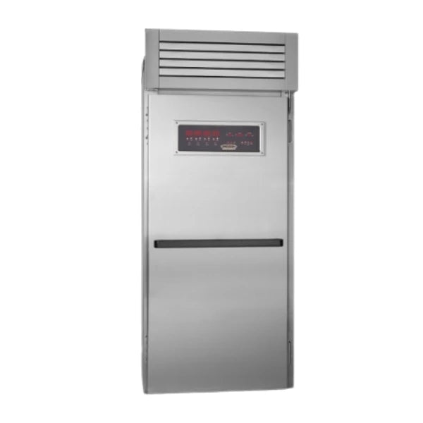 A stainless steel commercial refrigerator with a digital control panel and a top vent grille, isolated on a white background.
