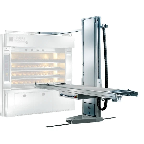 A commercial bakery oven shown with an automated oven loader and unloader on a plain white background. The oven door is open, revealing shelves with baked goods inside.