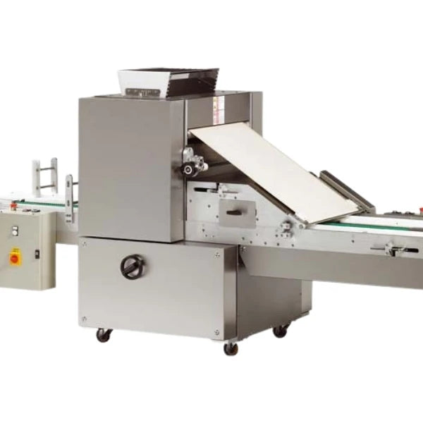A stainless steel wholesale rotart moulder cookie machine with a control panel on the left, conveyor belt and shown on a plain white background.