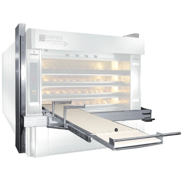 An Empire countertop commercial bread oven with a manual dough loader, shown with loaves of bread inside on a white background.