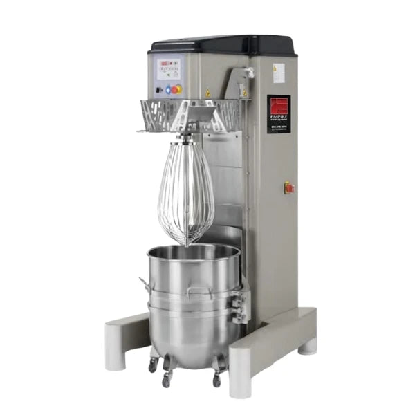 A commercial stand mixer with a stainless steel bowl, wire whisk attachment, and a gray metal body on a white background.