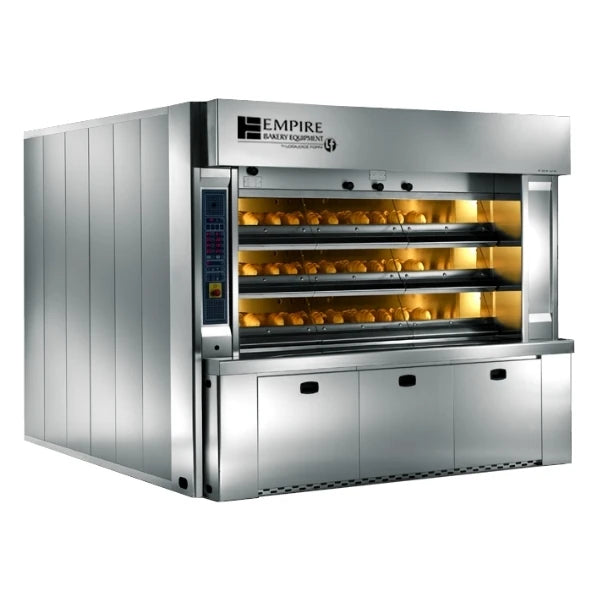 An Empire Bakery Equipment commercial artisan bread deck oven with three visible decks of baked bread, shown on a plain white background.