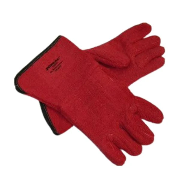 A pair of red knit bakers work gloves with black trim along the cuffs, shown against a plain white background.