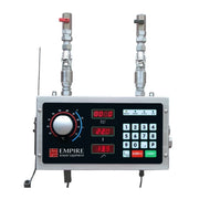 An Empire Bakery Equipment water dosing meter with a silver metal casing, a black control panel featuring a rotary dial, digital displays, and a numeric keypad.