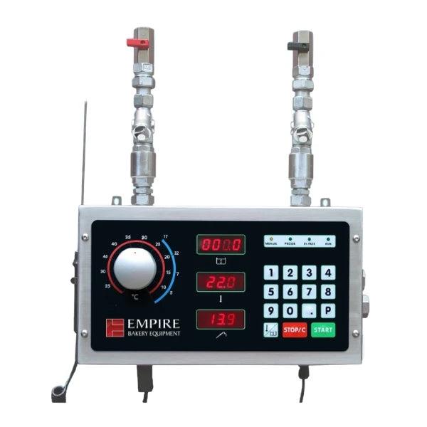 An Empire Bakery Equipment water dosing meter with a silver metal casing, a black control panel featuring a rotary dial, digital displays, and a numeric keypad.
