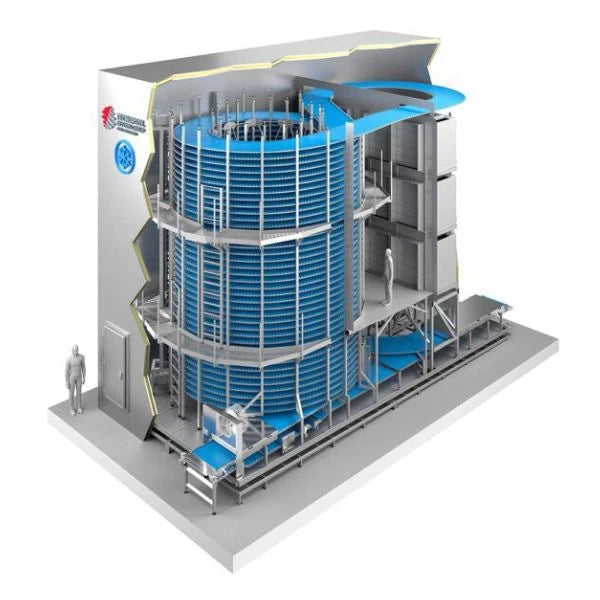 A 3D architectural model of an industrial spiral food cooling system shown in a cutaway view to reveal the internal layout. The model features a prominent blue cylindrical column, gray structural steel frameworks, and a light gray building exterior, all displayed on a white background with a small scale figure.