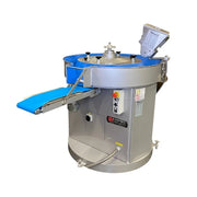 An eccentric rounder machine with a silver metal body, blue conveyor belts, and a digital control screen, isolated on a white background.
