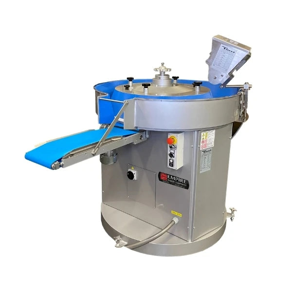An eccentric rounder machine with a silver metal body, blue conveyor belts, and a digital control screen, isolated on a white background.