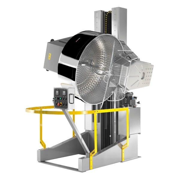 Commercial tiltover spiral mixer machine with a large stainless steel bowl, black lid, yellow safety railings, and a gray metal base on a white background.