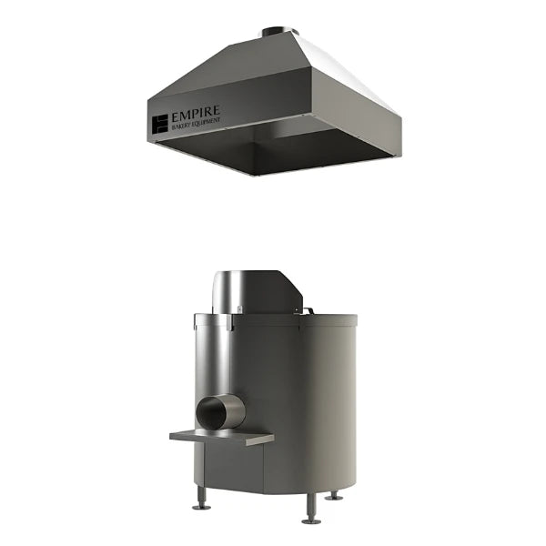 A stainless steel bagel kettle with an exhaust hood, shown on a plain white background, with the hood labeled EMPIRE BAKERY EQUIPMENT.