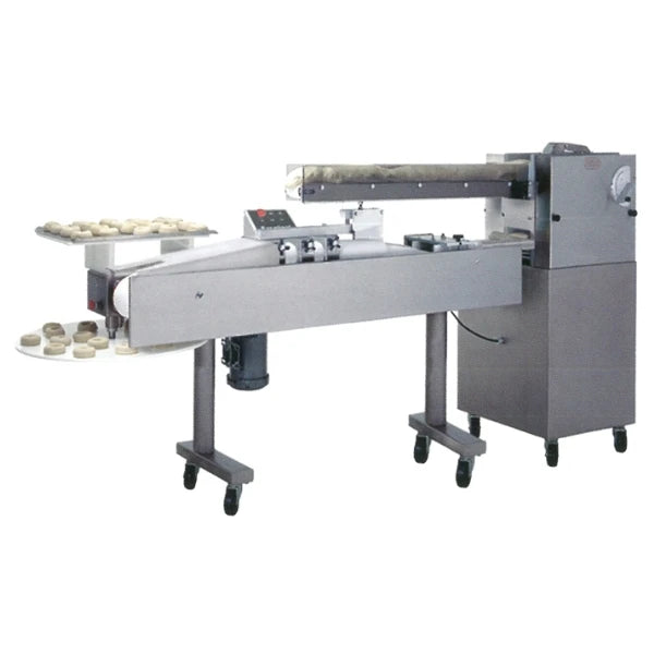 A stainless steel bagel dividing and forming machine on casters with control panel and turntable. 