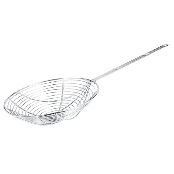 A stainless steel bagel scoop with a long handle, shown on a plain white background.