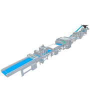 A 3D rendering of an industrial bread processing line with gray machinery and bright blue conveyor belts, shown on a plain white background.
