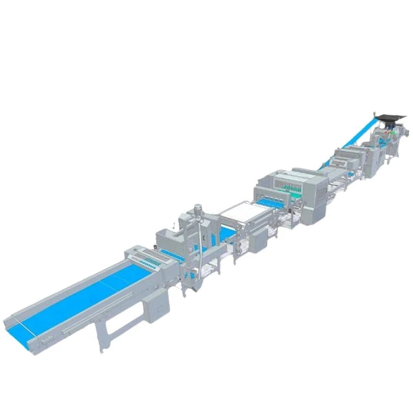 A 3D rendering of an industrial bread processing line with gray machinery and bright blue conveyor belts, shown on a plain white background.