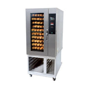 A commercial convection oven with a stainless steel exterior, a glass door showing rows of baked bread loaves inside, and a digital control panel on the right side. The lower section has open shelving for baking trays.