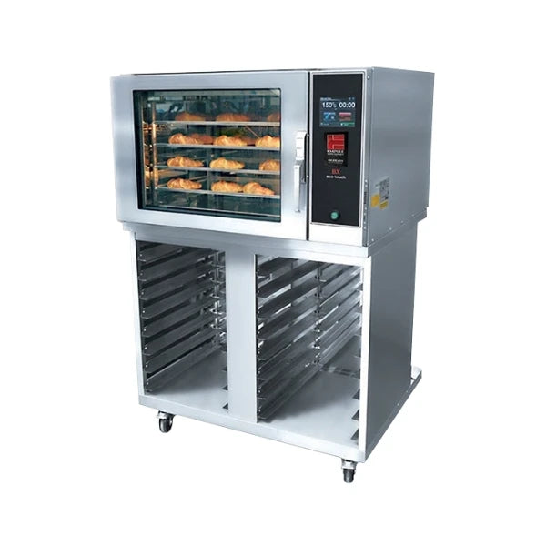 A commercial stainless steel bakery convection oven with a glass door showing baked pastries inside, alongside a digital control panel, and multiple empty metal racks on wheels below, isolated on a white background.
