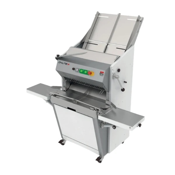 a commercial-grade bread slicer with a gravity-fed system and front facing control panel.