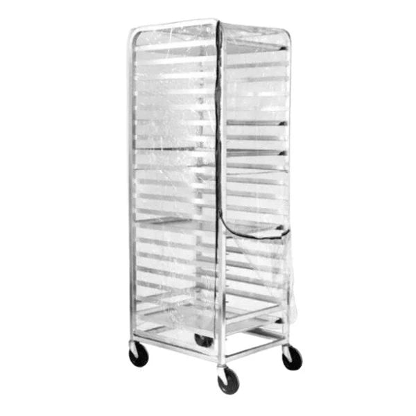A tall, multi-tier stainless steel rolling rack with black caster wheels, covered in a clear protective plastic sheet, isolated on a white background.