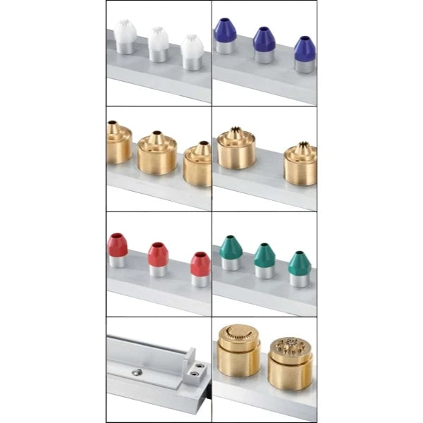 A 3x3 grid showing multiple views and options of cookie depositor nozzle tips mounted on a silver metal rail. The nozzle tips come in white, blue, gold, red, green, and gold-and-silver combinations.