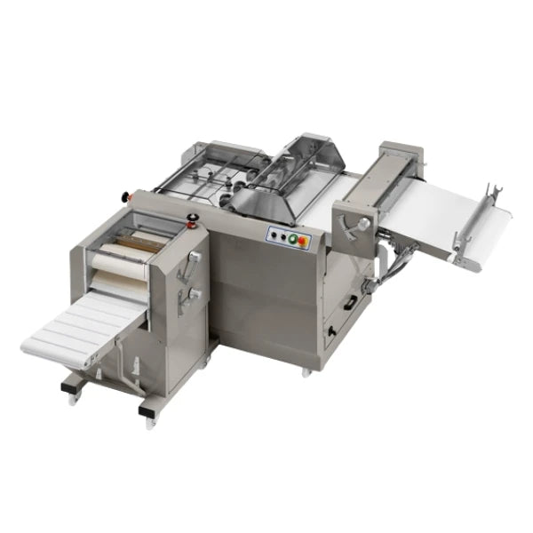 A stainless steel commercial croissant cutter and moulder with white conveyor belts and a control panel, isolated on a white background.