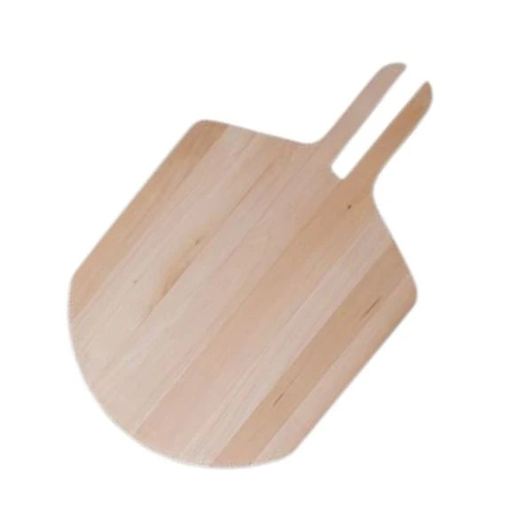 A light natural wood pizza peel head with a double-prong handle, shown on a solid white background.