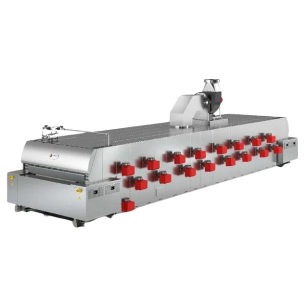 a direct fired gas industrial tunnel oven highlighting all of the burners