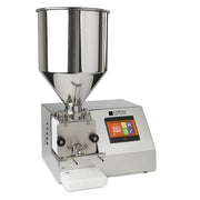 A commercial filling machine, featuring a large stainless steel hopper, a brushed metal base, a digital touch screen interface, and a white plastic feed block, shown on a solid white background.