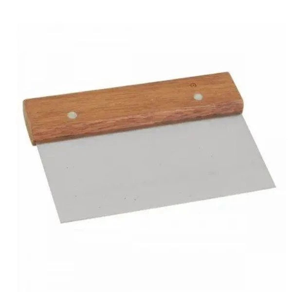 A metal dough scraper with a rectangular wooden handle, shown on a plain white background.