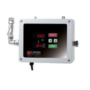 An Empire water dosing meter with a white plastic housing, a black display showing red and green digital readouts and buttons, and attached metal pipes on the left side.