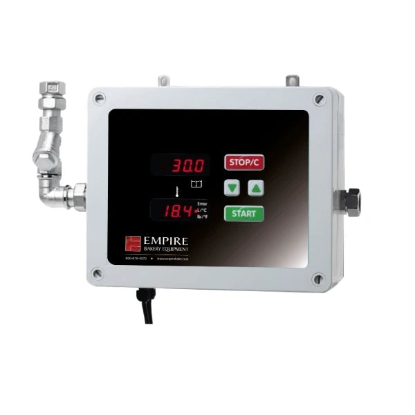 An Empire water dosing meter with a white plastic housing, a black display showing red and green digital readouts and buttons, and attached metal pipes on the left side.