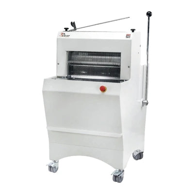 A white commercial bread slicer machine mounted on casters, with a long vertical handle, bread bagger attachment, and a small red emergency stop button on the front.